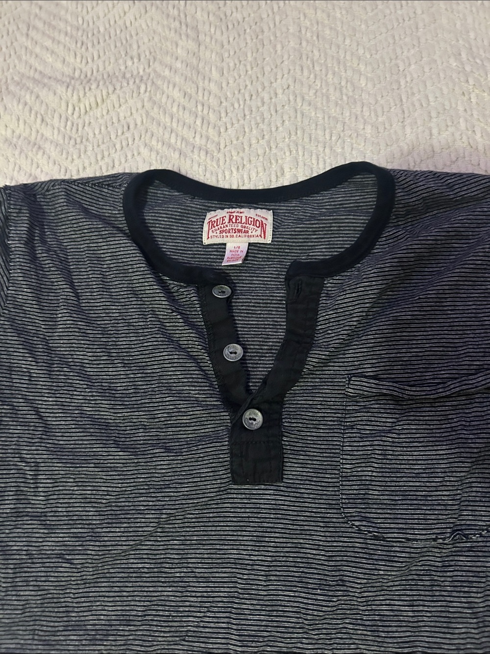 True Religion Navy and White Cropped Thin-Stripe Henley